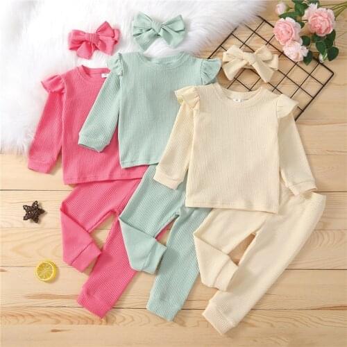 3 Colors Newborn Infant Clothes Sets 1-4Y Solid Kniited Ruffles Long Sleeve Pullover T-shirts Tops+Elastic Pants Casual Outfits
