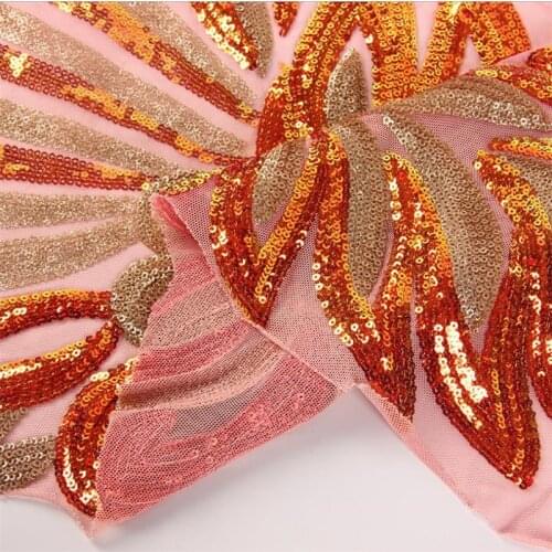 Lace171 Red/Orange Sequins Embroidery Mesh Yarn Sequined Fabric Fashion Luxury Womens Dresses Stage Dress Wedding Fabrics
