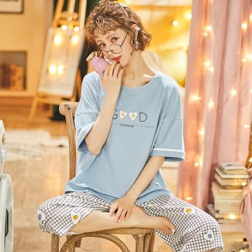 Summer Cute Sweet Beauty-style Home Wear Pajamas Loose Casual Cropped Trousers Round Neck Short-sleeved Cotton Soft Sleepwear