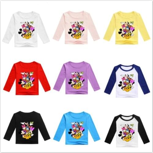 New Spring Cartoon Mickey Minnie Donald Duck Print Baby Boy Girl Long Sleeve T Shirts Children Clothes Cotton Top Tees Costumes