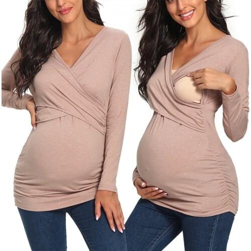 Mama Clothes Maternity Blouses Long Sleeve V-neck Breastfeeding Shirt Tops Pregnancy Clothing Nursing Casual Pregnant Shirts