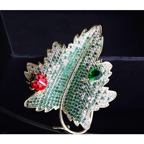 OKILY Fashion Green Rhinestone Leaf With Bug Brooch for Women Enamel Beetle Beautifully Sparkle CZ Costume Jewelry