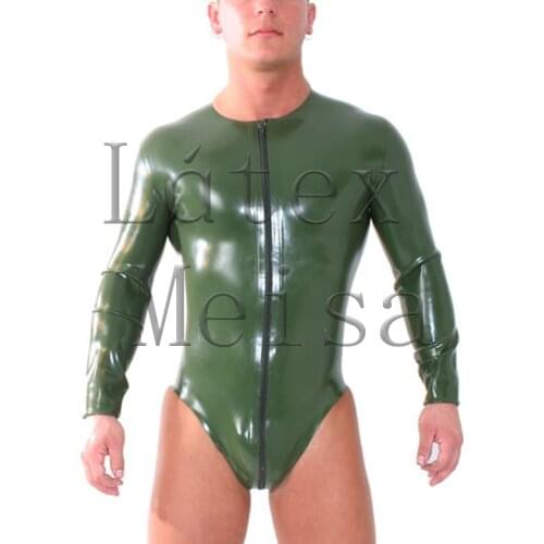 Front zipper design mens army green Fetish latex bondage bodysuit what is made of 0.4mm thickness natural latex materials