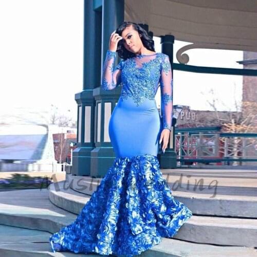 Plus Size Blue African Prom Dresses With Rose Flower Elegant Mermaid Long Sleeve Lace Evening Dress 2020 Women Night Party Gown