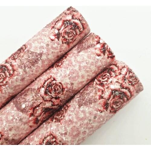Rose Leopard Printed Crystal Chunky Glitter Vinyl Fabric Sheet Felt Backing Synthetic Leather Faux Vinil DIY A4 SIZE R013B