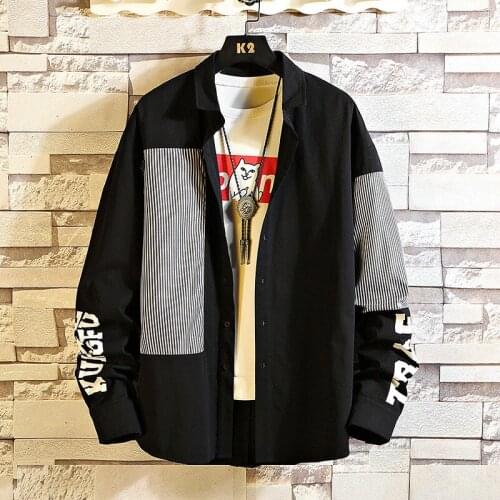 #6970 Cotton Letter Print Casual Mens Shirts Long Sleeve Plus Size 5XL Black White Lapel Collar Harajuku Japanese Streetwear