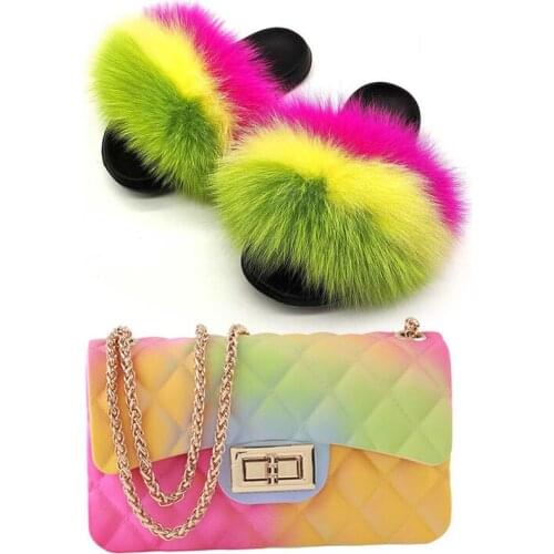 New Summer Womens Real Fox Fur Slides Home Jelly Purses Sets Ladies Outside Furry Slippers PVC Multi-Colors Bags Wholesal