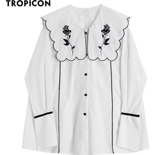 TROPICON Embroidered Sailor Collar Shirts For Women Long Sleeve White Oversized Button Up Shirt Designer Fashion Top And Blouses
