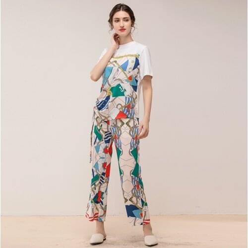 Women 2 Piece Set 2021 Spring Summer White Irregular T-Shirt +Loose Casual Pants Chain Geometric Print Fashion Sets