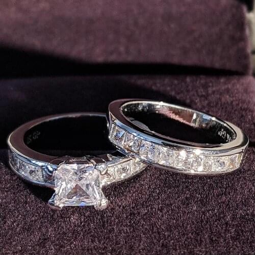 Princess cut cubic zircon 925 Sterling Silver Wedding engagement Ring Sets for Women bridal fashion finger moonso Jewelry R4881