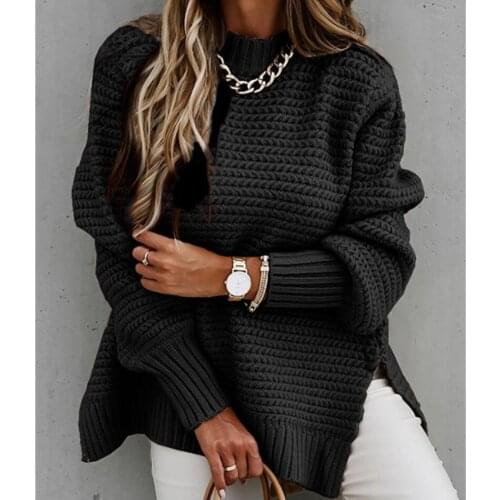 2021 Spring Autumn Women Elegant Ribbed Slit Sweaters Vintage Solid Lantern Sleeve Pullover Tops Casual Knitted O Neck Jumper