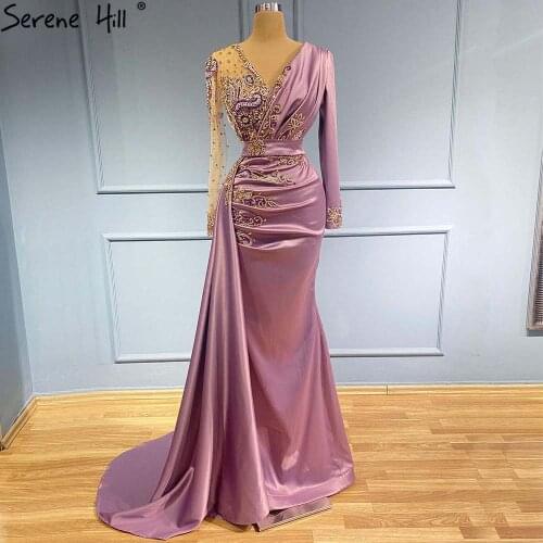 Serene Hill Lilac Satin V-Neck Mermaid With Overskirt Evening Dress 2021 Elegant Beaded Luxury For Women Party Gown CLA71364