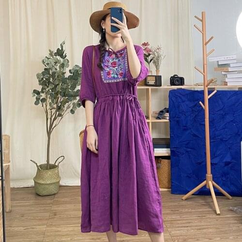 21Vintage Dresses Women Summer Loose Embroidery Floral Collect Waist Drawstring Half Sleeve Female Fashion Clothing