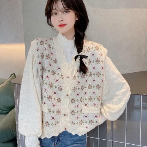 Women Vest 2021 Autumn New Korean Fashion Sweet Print Design V-neck Single-breasted Loose Casual Wild Sweater Top Knitted Vests