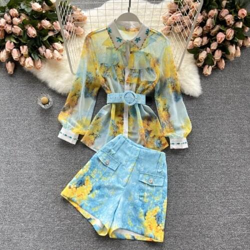 Amolapha Women Summer Plus Size Shirt 2-Piece Sets Heavy Diamond Ruffles Turn-down Collar Blouse+High Waist Wide Leg Shorts