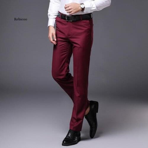 Mens Slim Fit Straight Dress Pants Flat-Front Causal Trousers Male Business Formal Wine Red