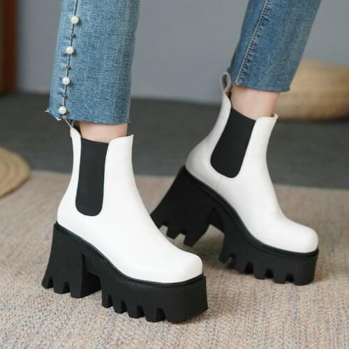 Spring Autumn Leather Women Boots Fashion Platform Square Toe Ankle Boots Thick High Heel Chelsea Boots Slip On Winter Shoes