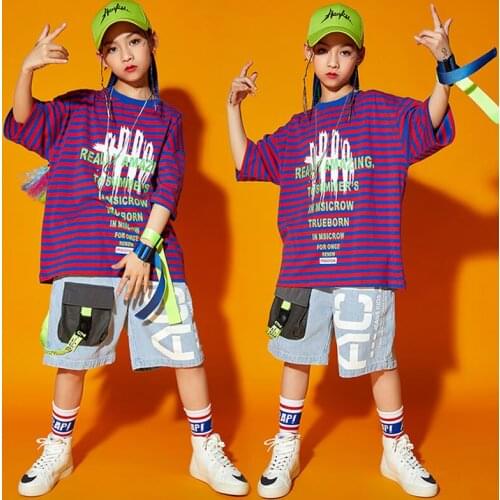 Kids Ballroom Hip Hop Clothing Rave Outfits Stripe Tshirt Tops Cargo Shorts For Girls Boys Jazz Dance Wear Costumes Clothes