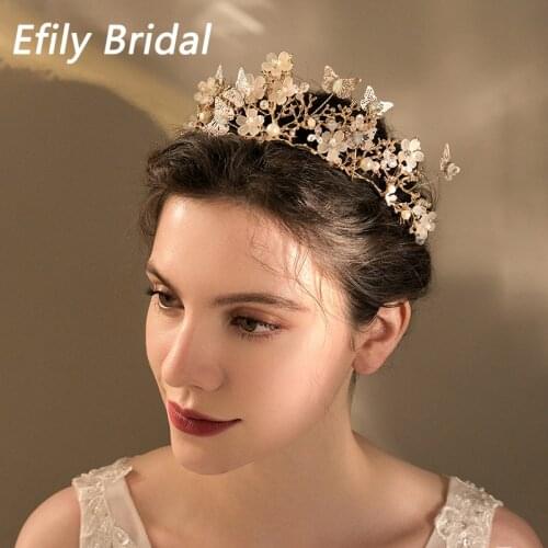 Efily Butterfly Flowers Crystal Crown Rhinestone Tiaras and Crowns for Women Bridal Wedding Hair Accessories Jewelry Headpiece