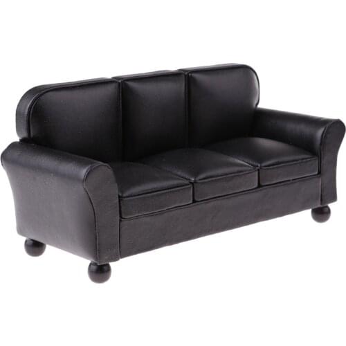 European Style 12th Leather Couch Three-People Sofa Dollhouse Living Room Furniture Home Model Display Ornaments Black