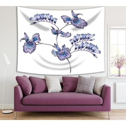 Tapestry Orchid Flower Branch Natural Antique Decorating Floral Artwork Printed Blue Purple White