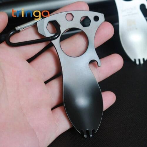 Multifunctional Stainless Steel Cutlery Outdoor Fork Spoon 3 Hex Heads Bottle Opener Carabiner Screwdriver Camping Tools