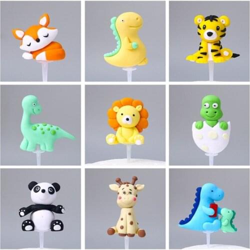 Cartoons Animals Cake Decor Soft Clay Dinosaur Tiger One 1st Jungle Safari Cake Topper Happy Birthday Party Decorations for Kids