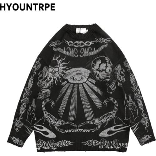 Mens Hip Hop Bottom Ripped Holes Streetwear Graffiti Harajuku Printed Knitted Sweater Unisex New Casual Oversize Cotton Pullover
