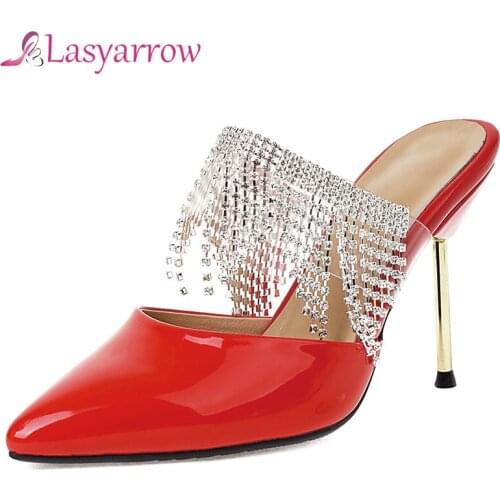Lasyarrow Mules Shoes Thin High Heels Sandals Women Genuine Leather Pointed Shoes Summer Party Wedding Shoes Women Sandals