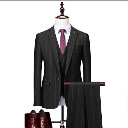 2021Jacket+vest+pants Autumn and winter new business casual suits Korean style slim wedding suit mens striped three-piece suit