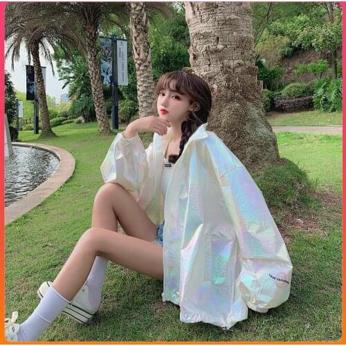 Women Coat Large Size Korean Sweet Fashion Weight 150kg Spring Autumn Sweet Full Laser Collar Zipper Loose Full Thin Rash Guards