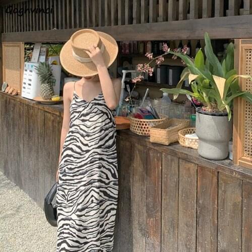 Dresses for Women Leopard Print Fashion Korean High Street Sleeveless Chic Spaghetti Strap Dresses Loose Split Vacation Elegant