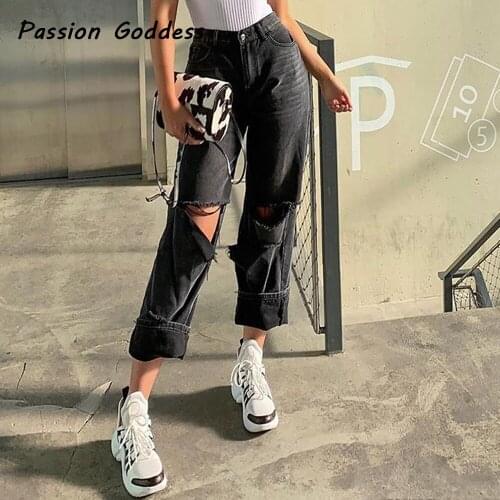 Casual Women Hole Straight Denim Jeans Vintage Loose High Waist Pants Cool Feminina Shredded Jeans Long Pantalon Ripped Jeans
