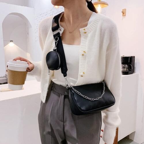 2pcs/set Popular Simple Female Daily Bag Fashion Chain Shoulder Purse Women Solid PU Handbag Women Messenger Bag