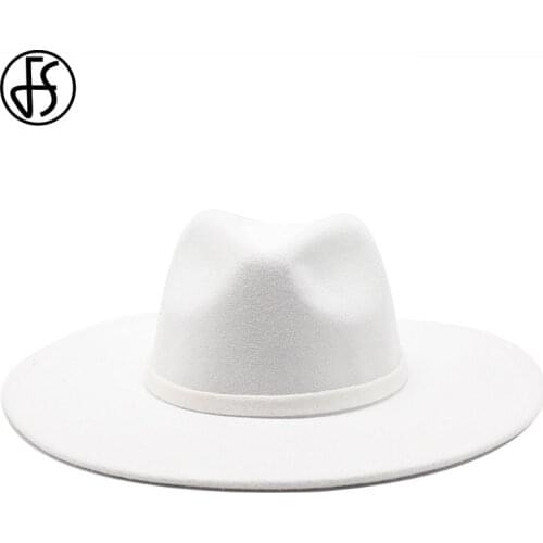 FS Big White Wool Fedora Hats With Leather Ribbon Women Men Winter Autumn 9.5CM Wide Brim Jazz Church Panama Lady Sombrero Cap