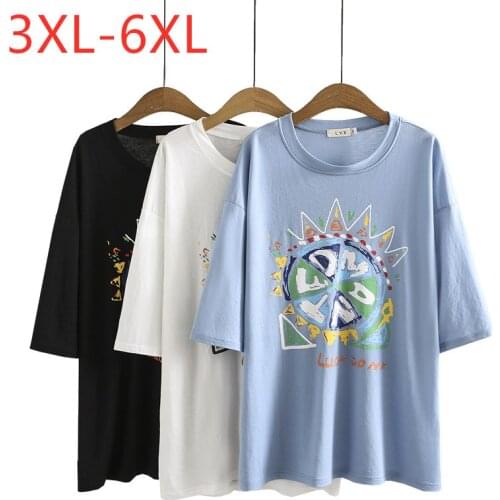 New 2021 Ladies Summer Plus Size Tops For Women Large Short Sleeve Loose White Blue Print O-neck T-shirt 3XL 4XL 5XL 6XL