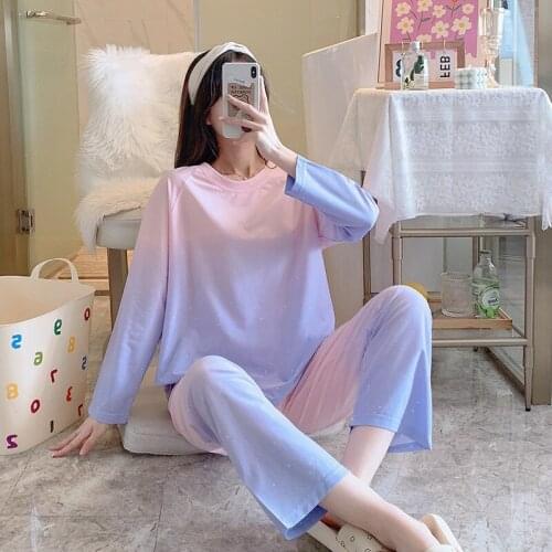 Women Spring Autumn Loose Sleepwear Gradient Color Cotton 2PCS Pajamas Set Sweet Home Wear O-Neck T-shirt&Pant Casual Nightwear