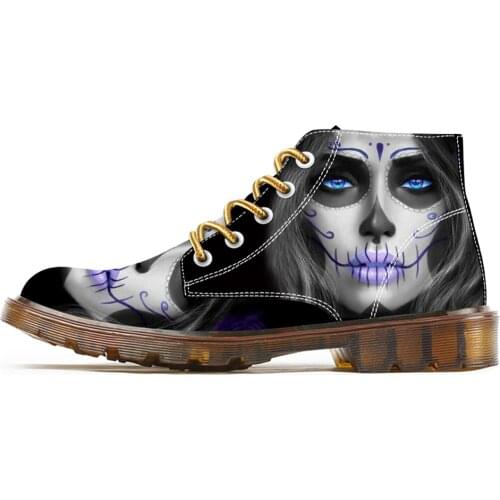 Skull Boots for Women Unique Custom Print Design Witch Ankle Booties for Lady Fashion Boots Cool Skull Shoes Printed Lace Up