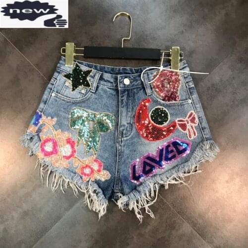 2021 New Arrivals Floral Stars Sequins Embroidery Tassel Denim Wide Leg Female Fashion Hot Sexy Mini Women Jeans Shorts
