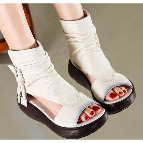 Ladies Flat Sandals 2021 New Spring Retro Women Shoes Genuine Leather Zip Flat with Sewing Handmade Platform Sandalias De Mujer