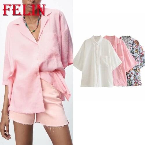 Women Chic Pink Oversized Shirts Za 2021 Short Sleeve V Neck Single Button Loose Blouses Elegant Summer Mujer Tops