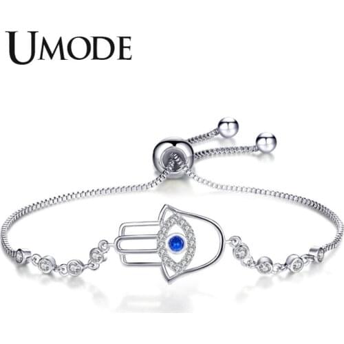 UMODE New Evil Eye Blue&Clear CZ Crystal Bracelet for Women White Gold Box Chain Adjustable Hamsa Hand Jewelry Gift AUB0161