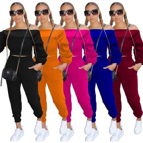 2021 Autumn Casaul Women Tracksuit Two Piece Set Slash Neck Solid Color Sportsuit Full Sleeve Matching Set For Women Outfit