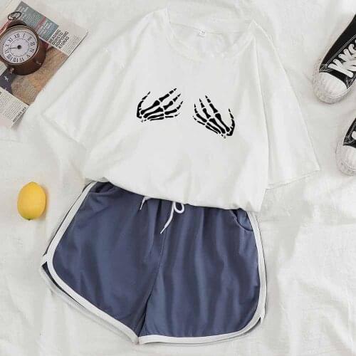 Nightwear Sleepwear Pajamas Set Female Two Piece Set Women Summer Homewear Women Sleep Tops Skeleton Hands Striped Shorts