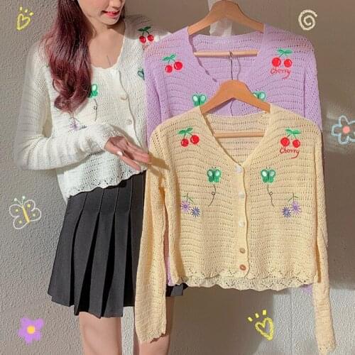 Women V-Neck Knitted Casual Sweaters Cardigans Lady Embroideried Full Sleeve Thin Floral Cardigan Outwear Crop Top Female