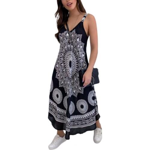 Fashion Boho Long Dress Printing Comfortable to Wear Ethnic Style Women V-Neck Sleeveless Robes Dress for Lady Streetwear