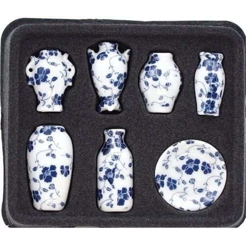 1/12 Dollhouse Miniature Kitchen Dining ware Ceramic Miniatures China Porcelain Vase Blue Vine 7pcs