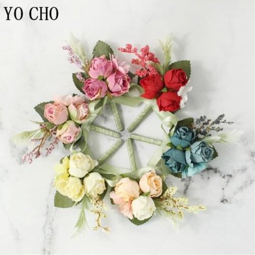 YO CHO Boutonniere and Corsage Groom Brooch Pins Bride Wrist Corsage Silk Rose Flower Girl Bracelet Men Prom Wedding Boutonniere