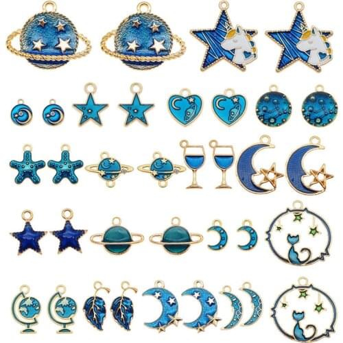 Julie Wang 10PCS/Pairs Enamel Dark Blue Charms Random Mixed Star Moon Planet Leaves Pendants Alloy Jewelry Making Accessory