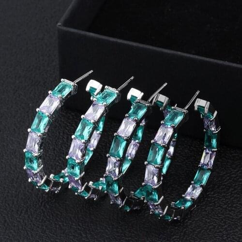 EYIKA Luxury Big Circle Hoop Earring Pave Multicolor Square Zircon for Women Clear Crystal Glass Round Piercing Earring Jewelry